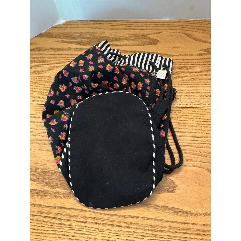 American Girl Floral Drawstring Backpack Bag Black Pink Yellow Striped Trim